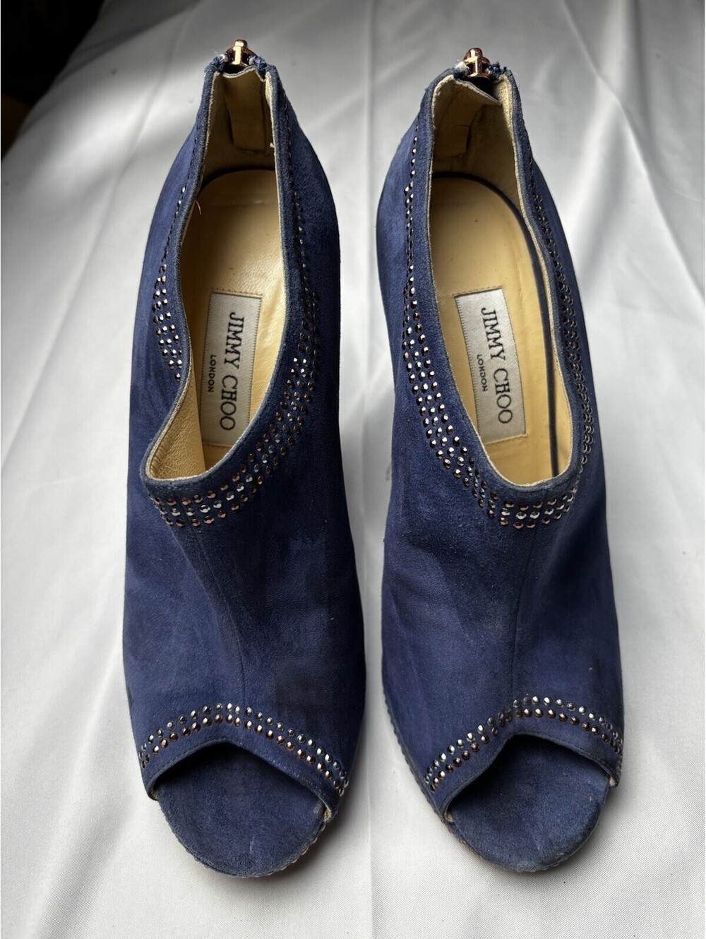 Jimmy Choo Navy Blue Suede Peep Toe High Heel Booties with Z - Picture 2 of 10
